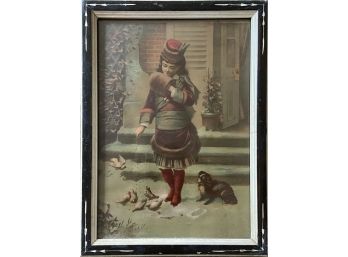 Charming Antique Chromolithograph Print Of A Girl Feeding Birds - Eastlake Frame