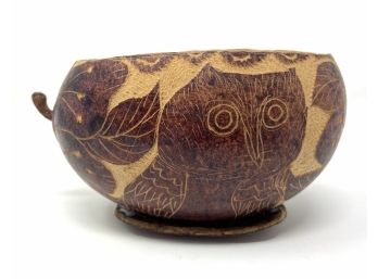 Beautiful Vintage Carved Gourd - Owl And Floral Designs