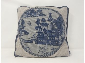 Vintage Hand Made Needle Point Pillow With Asian Motif