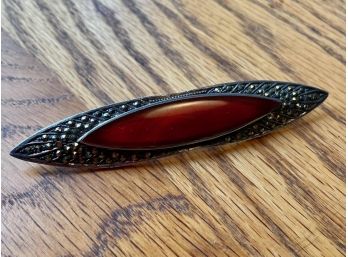 Vintage Long Sterling Silver And Marcasite Pin