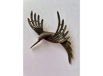 Large Sterling Silver And Marcasite Flying Bird Brooch