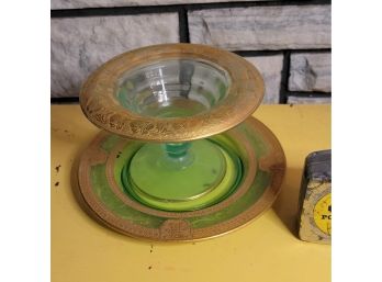 Gold And Green MCM Matching Candy Dish Plate .                                Loc: Kit Cab 7