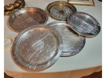 Serving Platter Extravaganza.  Silver Plated / Bronze / Aluminum  Glass.  8 Pieces.         Loc Shelf 3