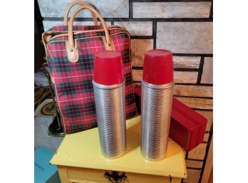 Thermos Vintage With Tote.  All Cups Present.                               Loc: Shelf 2