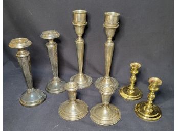 Silver Plate / Brass Candle Stick Holder Group.                               Loc:  Kit Ab 6 (Right Of Hood)