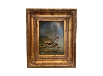 Singed Oil On Canvas. Highly Decorative In A  Beautiful Gilt Frame.  Mandarin Ducks By The Water.