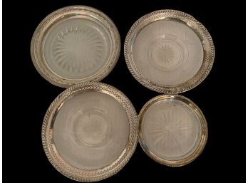 4 Antique Glass And Silver Sterling Plates.