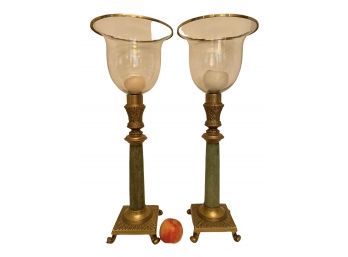 Pair Of Large Decorative  Glass And Brass Candle Holders. 27' Tall