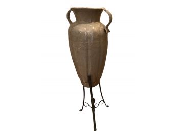 Large Decorative Vase On A Wrought  Iron Base.  53' Tall. 1of 2