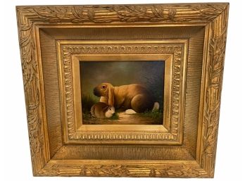 Singed Oil On Canvas , Decorative Painting In A Gilt Frame. Bunnies.