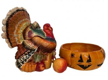 Pair Of Seasonal Ceramic Pieces. Turkey Cookie Jar And Halloween Candy Bowl.