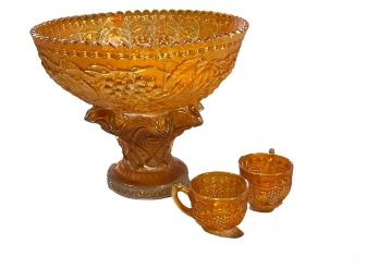 Pressed Glass Orange Punch Bowl And Cups