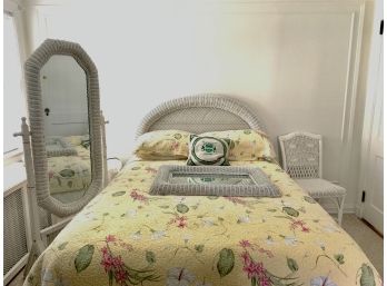 A Wicker Bedroom Set, Full Size Bed, Standing Mirror, Chair And Mirror