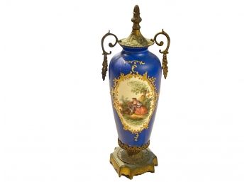 Hand Painted Blue/Gold Lidded Urn With Brass Base