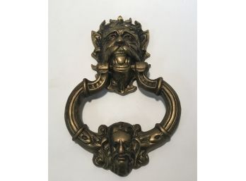 Two Male Figure Heads Brass Door Knocker