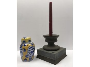 Asian Vessel Brass & Marble Candle Stick Holder