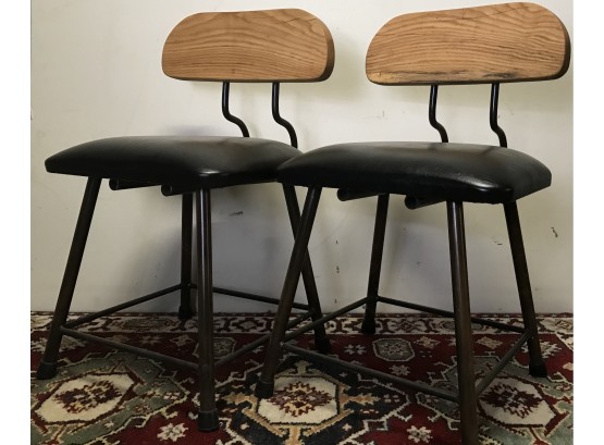 2 Mid Century Black Metal Chairs Natural Wood Back - Unknown (See Description)