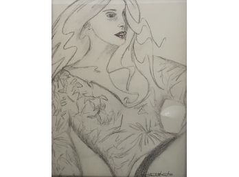 Charcoal On Canvas Of Woman In Red Lipstick Artist Signed