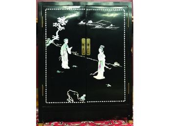 Asian Black Laquer And Mother Of Pearl Inlay Storage Chest With Glass Top