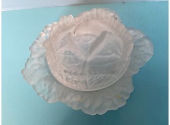 Vintag Vallerysthal Portieux France Frosted Glass Cabbage Leaf Lidded Bowl