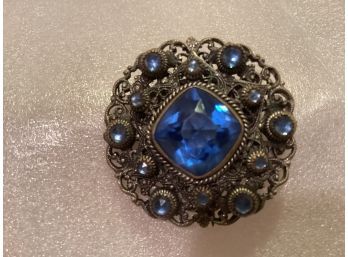 Vintage Ornate Silver Tone Round Pin Blue Rhinestones