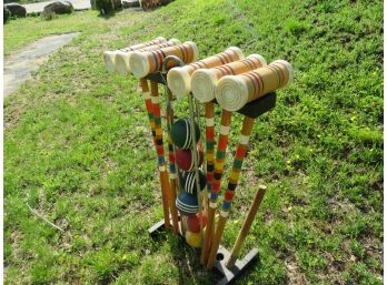 Vintage Wood Croquet Set With Stand