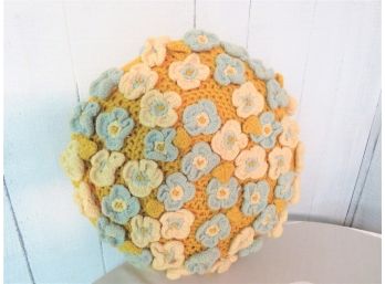 60s Era Hand Crocheted Floral Round Throw Pillow