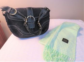Coach Signature Black Leather Purse And Green Check Scarf