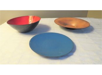 Trio Of Mid-century Modern Signed Enamel Candy Dishes Bowls