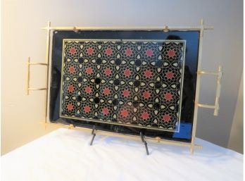 Reverse Glass Painted Gold Serving Tray With Handles And Feet