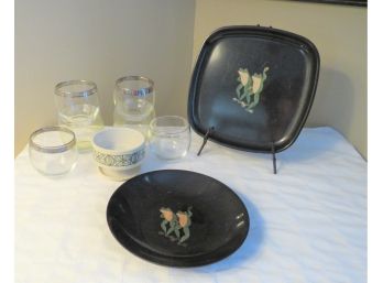 Couroc Frog Trays With Roly Poly Glasses And MCM Candy Dish