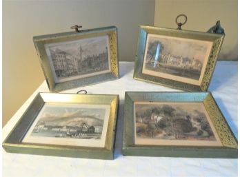 4 Antique Color Etchings Framed British Theme