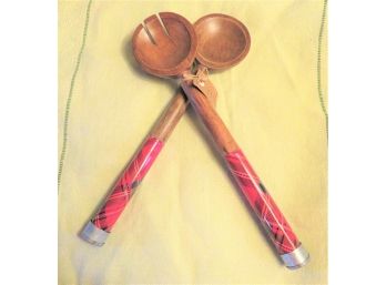 New Mudpie Wood Salad Serving Set Tartan Plaid Handles Wood