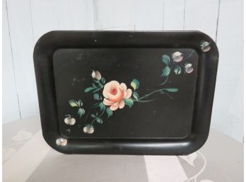 Vintage Black Tole Tray With Floral Motif