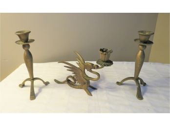 Brass Dragon Candlestick And Pair Of Brass Candlesticks