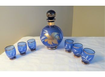 Blue Gold Frosted Glass Cordial Decanter Bottle With 6 Glasses