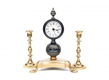 Antique Brass Black Clock & Pair Of Vintage Forged In USA 1764 House Lacquered Solid Brass Candle Holders