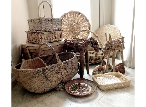 Group Of Wicker Along With Reeded Picnic Baskets