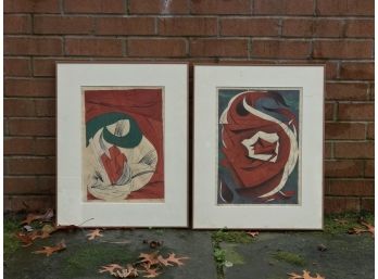 Pair Oriental Pencil Signed Lithographs