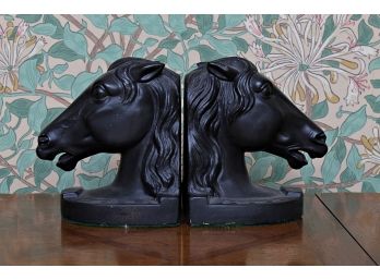 Pair Black Painted Ceramic Horse Head Bookends