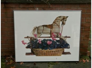 Custom Framed And Matted Print Depicting A Wooden Horse With Flowers