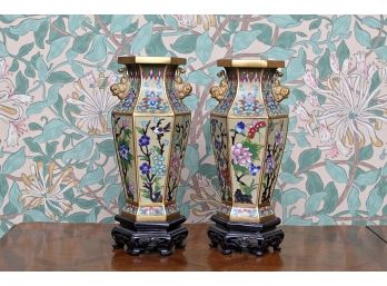 Pretty Pair Small Champleve Vases On Teak Stands