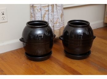 Pair Black Glazed Ceramic Planters With Underplates