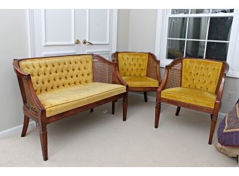 Vintage Three Piece Cane And Upholstered Salon Set