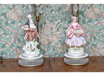 Pair Porcelain Figures Mounted On Lamp Bases With Drop Crystals.