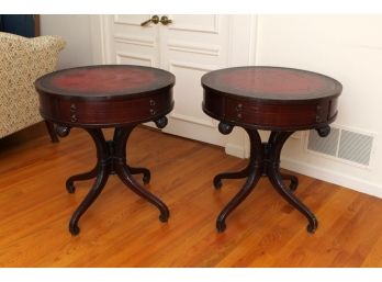 Pair Leather Top Mahogany Drum Gables