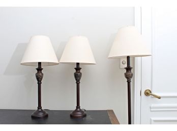 Metal Stick Form Floor Lamp & Two Matching Table Lamps