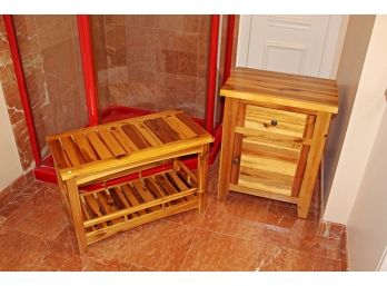 Pine Slatted Bench And Small Commode
