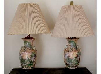 Pair Oriental Ceramic Floral Deorated Vases Mounted As Lamps
