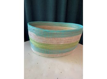 Colorful Straw And Recycled Plastic Basket Teal, Lime Green And White Basket